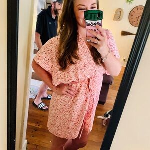 Pink Lily kimono style pink and red floral wrap dress